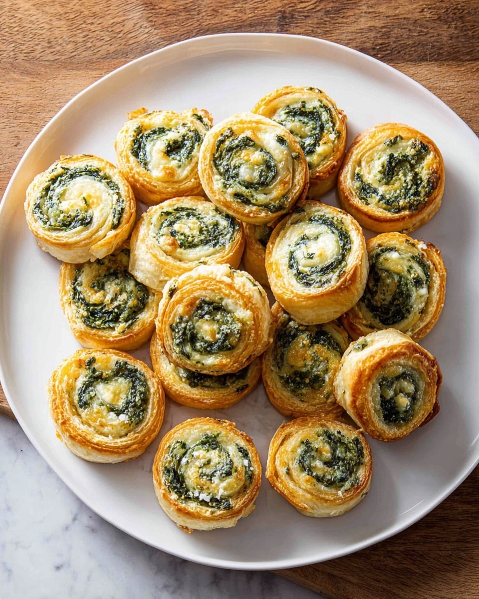 The image shows a white round plate filled with about fifteen small round pinwheel pastries. Each pastry has three visible layers: the outer layer is a golden-brown flaky crust with a slightly crispy texture, the middle layer is a bright green spinach filling, and the innermost layer is a creamy white cheese, all rolled into a spiral shape. The plate sits on a wooden surface with a white marbled texture. The pastries are arranged so they slightly overlap each other, creating a casual yet inviting look. Photo taken with an iphone --ar 4:5 --v 7