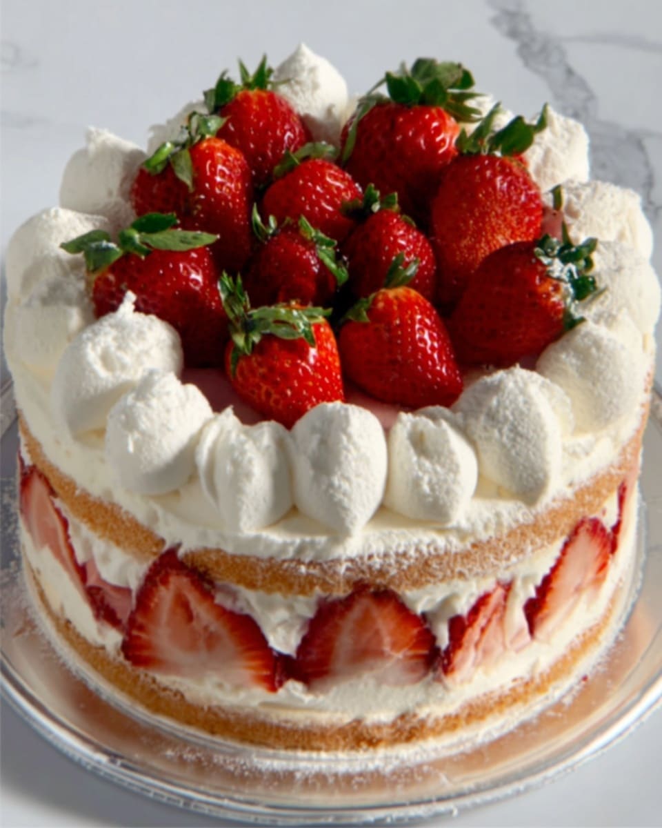 A round cake with three layers is shown on a white plate. The bottom and middle layers are light sponge cake with a thin layer of pink cream in between. The top layer is covered with a thick, fluffy white cream that has swirling peaks creating a textured surface. On top of the cream, there are whole and halved fresh strawberries with bright red color and green leafy tops placed all around, covering almost the entire surface. The white marbled surface underneath adds a clean, elegant background. Photo taken with an iphone --ar 4:5 --v 7