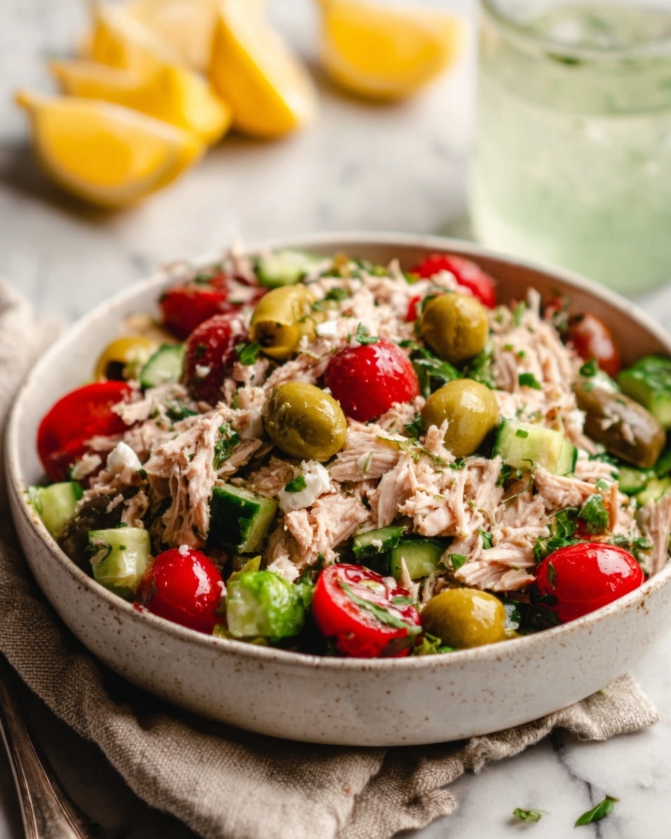 A white bowl filled with a fresh tuna salad featuring shredded tuna as the main layer, mixed with bright red cherry tomatoes, small cut green avocado pieces, and green olives scattered throughout. The salad is topped with small bits of green herbs, all sitting on a white marbled surface with a light beige cloth napkin next to the bowl. In the background, out of focus, there are sliced lemons and a glass with light green liquid. Photo taken with an iphone --ar 4:5 --v 7