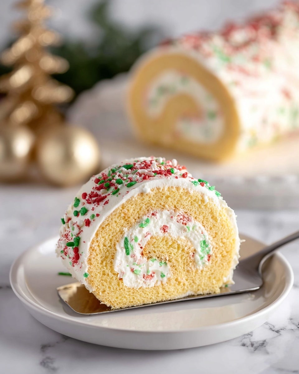 A slice of light yellow sponge cake is rolled tightly with a thick white cream filling creating a visible spiral pattern with small red and green sprinkles inside. The outside of the roll is coated with the same white cream and decorated with red, green, and white sprinkles on top. The slice sits on a white plate with a metal spatula lifting it slightly. In the background, a whole cake roll with similar decoration is out of focus. The scene is set on a white marbled surface with blurred gold and white decorations behind. Photo taken with an iphone --ar 4:5 --v 7