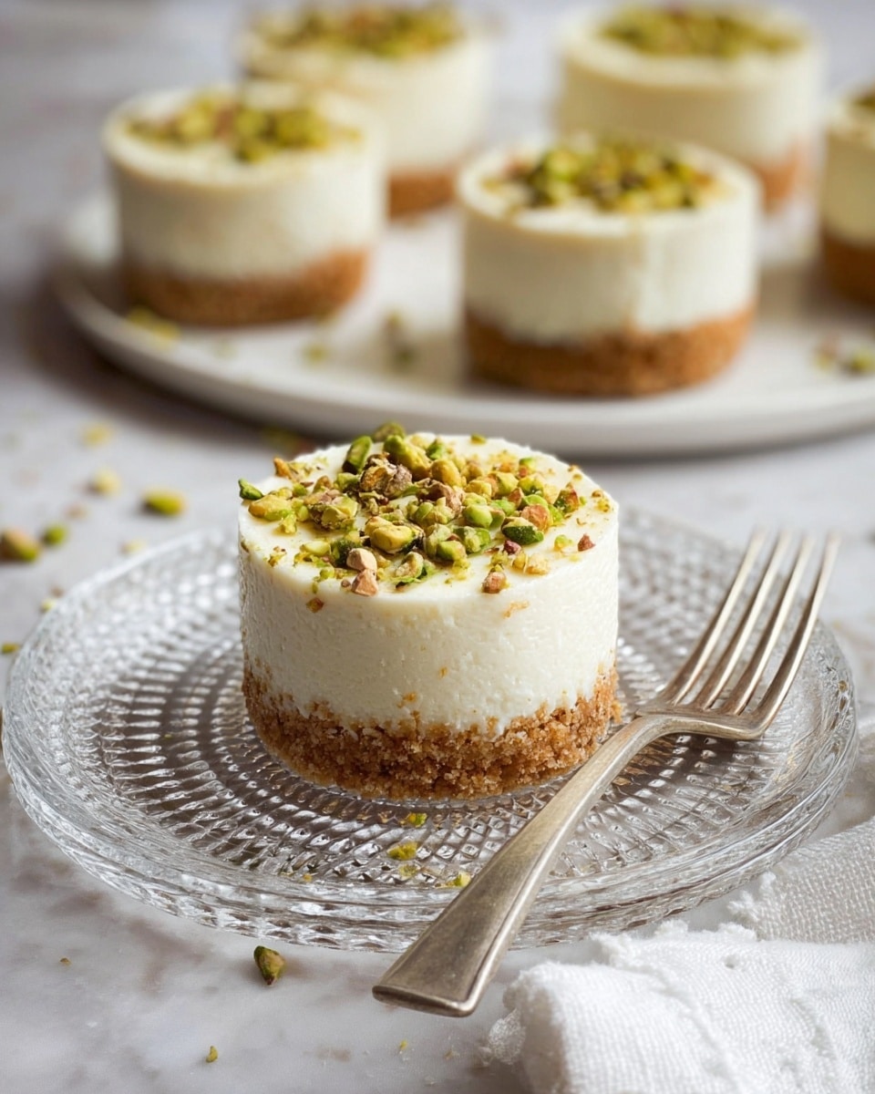 The image shows six mini cheesecakes on a white plate and one placed on a clear textured glass plate in the foreground. Each cheesecake has two layers: a bottom layer of golden brown crumbly crust, and a top layer of pale green creamy filling. The top is sprinkled with chopped pistachios adding a rough, crunchy texture. A fork with a piece of the cheesecake sits on the glass plate, showing the soft, smooth inside of the green filling. In the background there is a white marbled surface with a white cloth and halves of green limes slightly out of focus. photo taken with an iphone --ar 4:5 --v 7