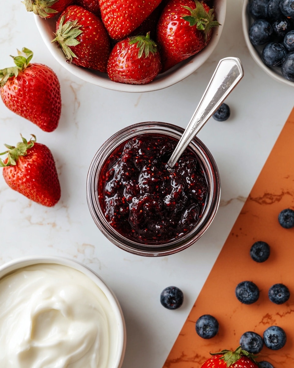 A top view of a jar filled with dark red, chunky berry jam with a silver spoon inside it, positioned in the center on a white marbled and orange split surface. On the top left, there is a white bowl full of bright red strawberries with green leaves, and at the bottom left, a white bowl filled with smooth, creamy white yogurt. Scattered on the white marbled side are fresh whole blueberries and a few strawberries, some whole and some cut in half, adding color contrast. The scene is bright and fresh, with the fruit and jam creating a rich texture mix. Photo taken with an iphone --ar 4:5 --v 7