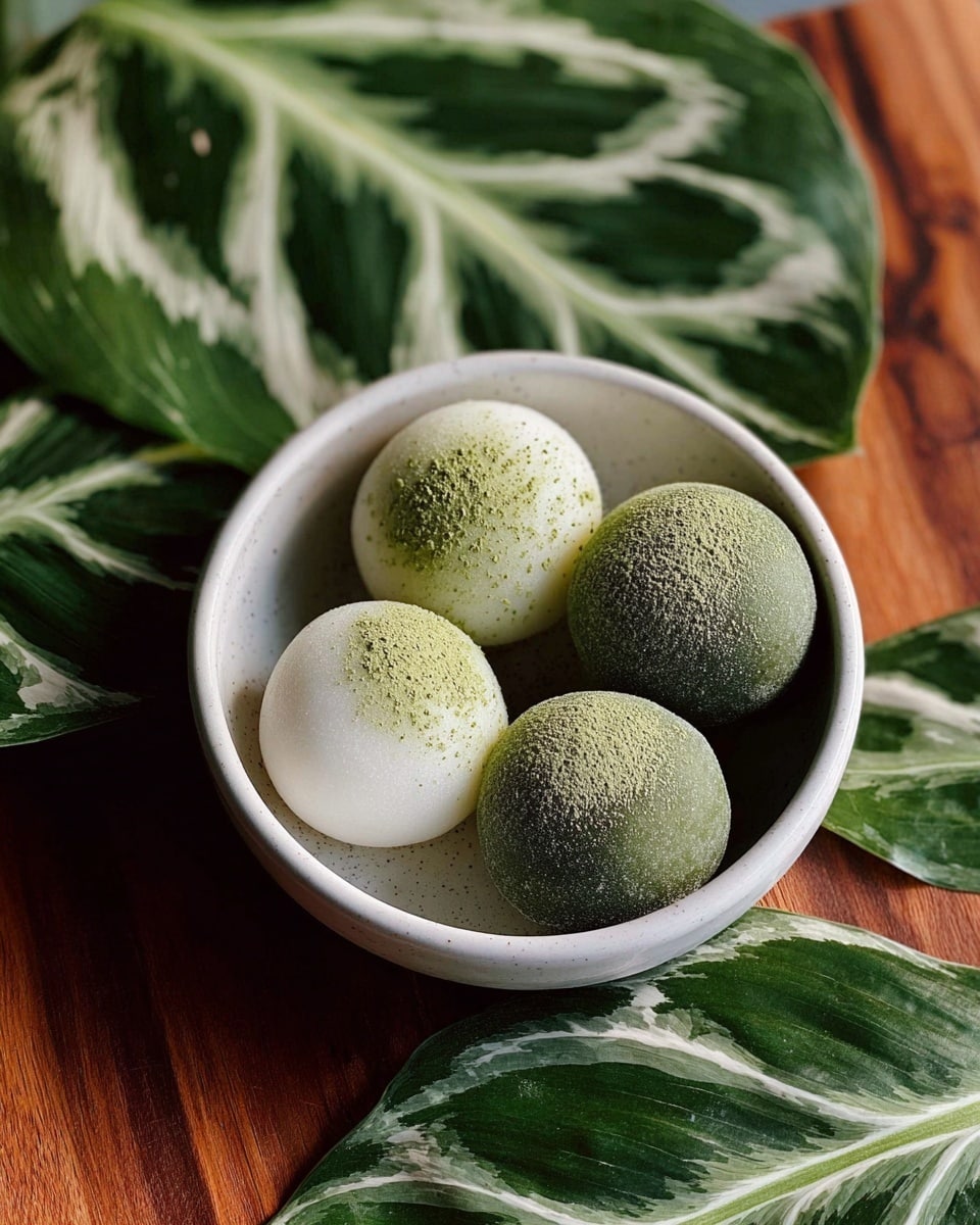 A white bowl filled with five smooth round mochi balls, three are white with a light green powder dusted on the top half, and two are dark green with an even coating of fine powder, arranged close together. The bowl sits on a warm wooden surface with large green and white variegated leaves around it, creating a natural and fresh look. The texture of the mochi is soft and slightly matte, contrasting with the smooth ceramic bowl. photo taken with an iphone --ar 4:5 --v 7