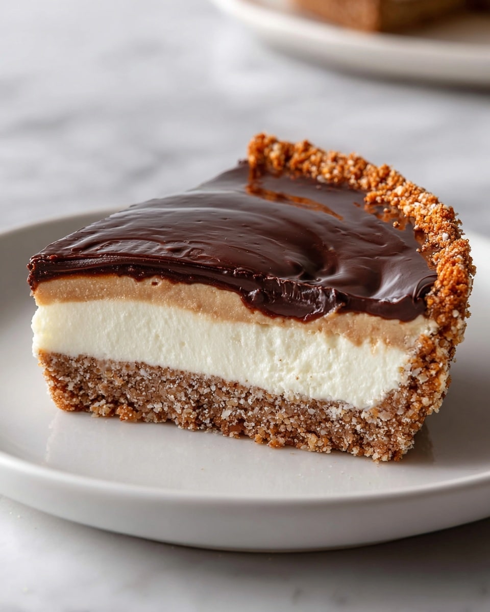 The image shows a slice of pie on a white plate placed on a white marbled surface. The pie slice has four clear layers: the bottom layer is a coarse, crumbly brown crust, above it is a thick, smooth white cream filling, followed by a thinner, light brown creamy layer, and finally, the top layer is a glossy, dark chocolate ganache that slightly drapes over the edges. The crust edges are rough and textured, giving a rustic look, and the lighting highlights the shiny surface of the chocolate ganache. Photo taken with an iphone --ar 4:5 --v 7