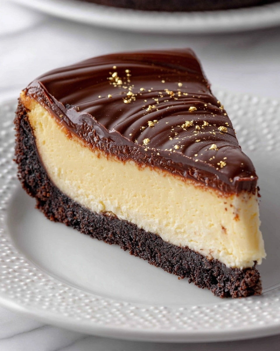 A slice of cheesecake with three layers is shown on a white plate with small raised dots near the edge. The bottom crust layer is dark brown, crumbly, and rough-textured, forming the base. The middle layer is thick, smooth, and pale yellow cream cheese filling with a soft texture. The top layer is a shiny, rich dark chocolate ganache that is glossy with smooth swirls and slight ridges, sprinkled lightly with small gold flakes. The plate is set on a white marbled textured surface. Photo taken with an iphone --ar 4:5 --v 7