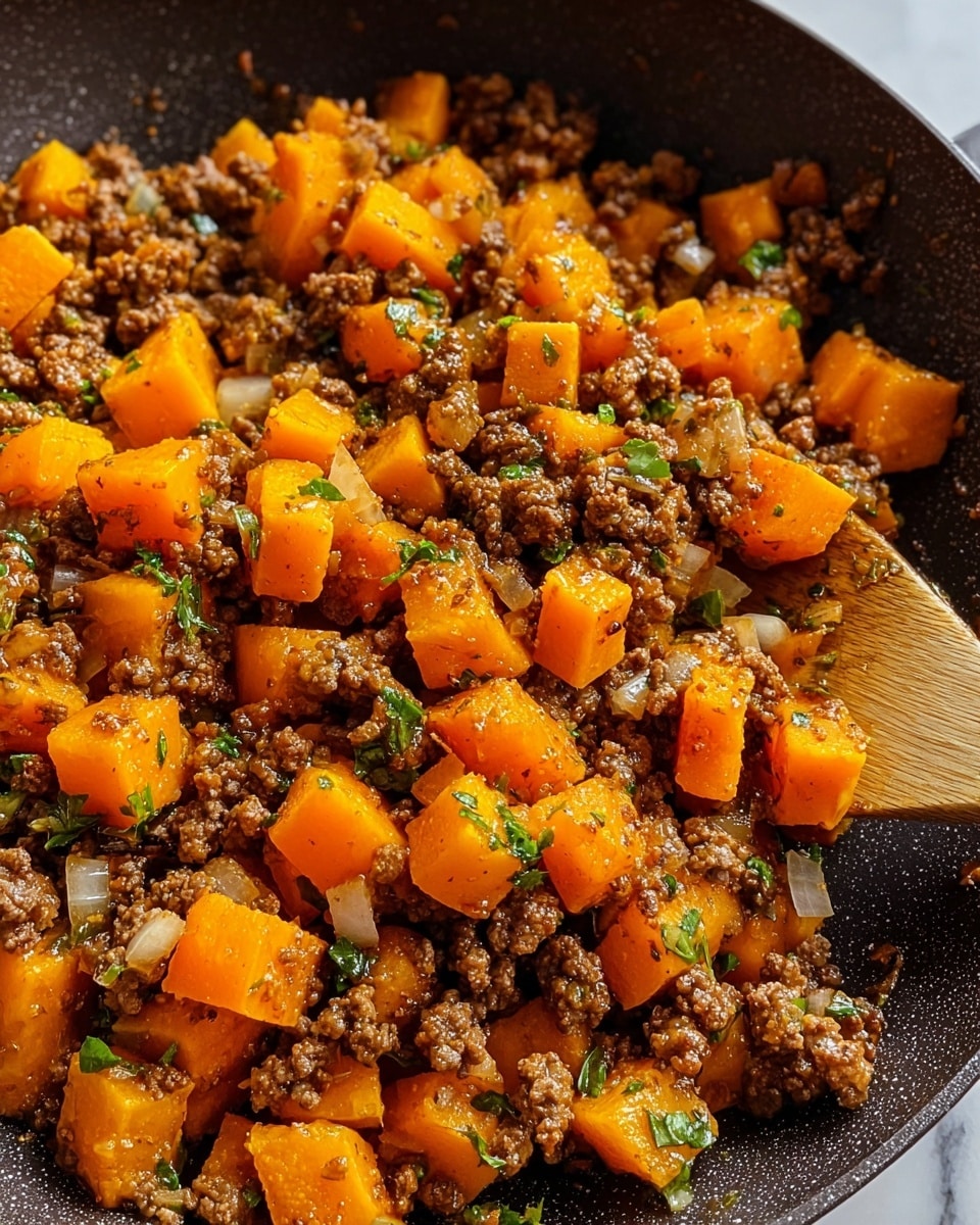 The image shows a close-up of a dish in a white bowl placed on a white marbled surface. The dish has two main layers: the bottom layer consists of small, browned pieces of ground meat with a slightly crumbly texture, mixed evenly with finely chopped herbs. The top layer features bright orange, soft-looking chunks of cooked squash spread across the meat, creating a colorful contrast. A white spoon is partially dipped in the bowl, stirring the mixture, with a woman's hand holding it gently. The overall look is warm and hearty, with the colors of brown and orange standing out clearly. Photo taken with an iphone --ar 4:5 --v 7