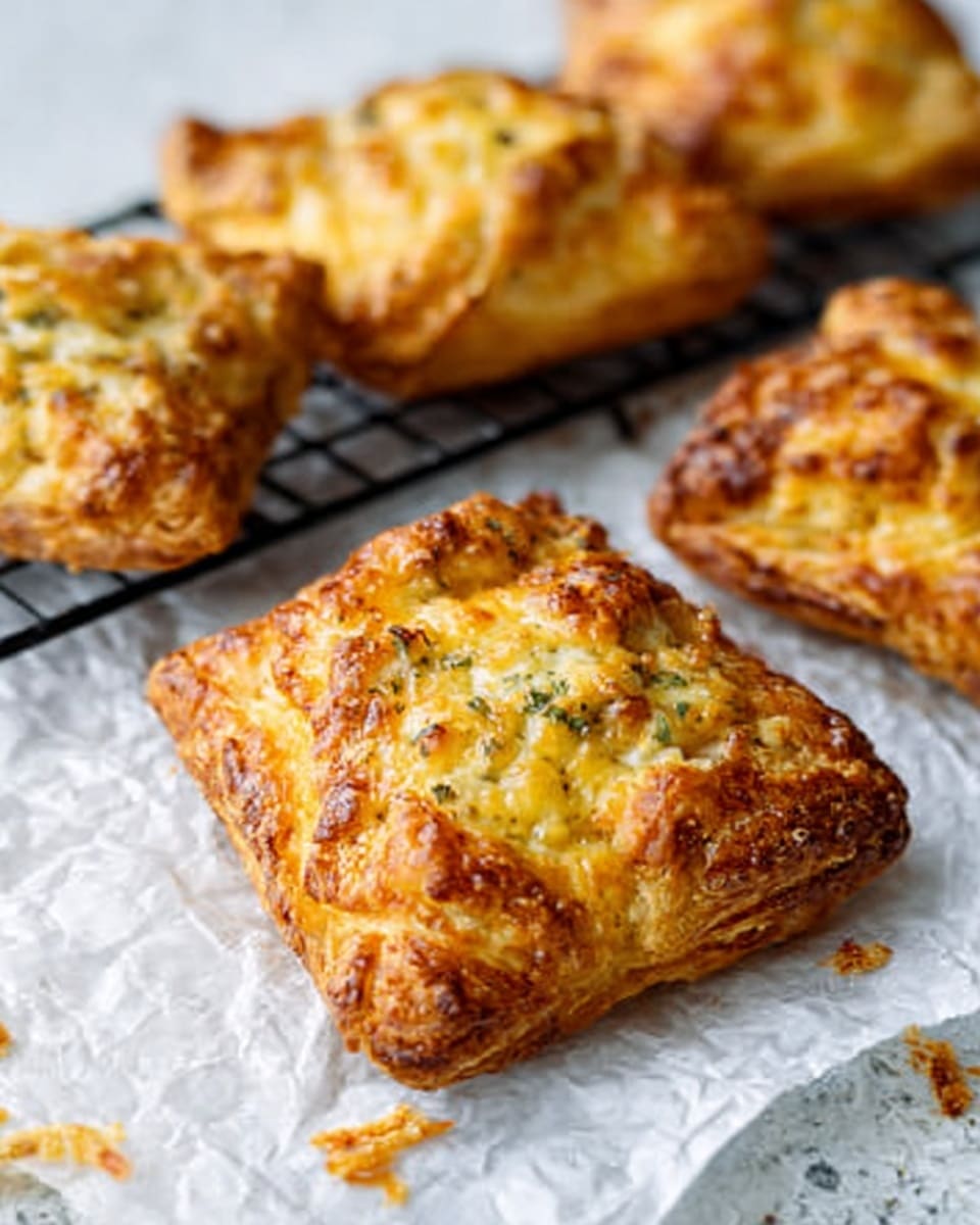 The image shows six golden-brown scones on a black wire cooling rack, each scone having a rough, crumbly texture with visible bits of melted cheese and some green herbs on top. The scones are pyramid-shaped and arranged in two rows of three on a surface with a white marbled texture. The lighting highlights the crispy, slightly uneven crust and the fluffy inside of the scones. Photo taken with an iphone --ar 4:5 --v 7