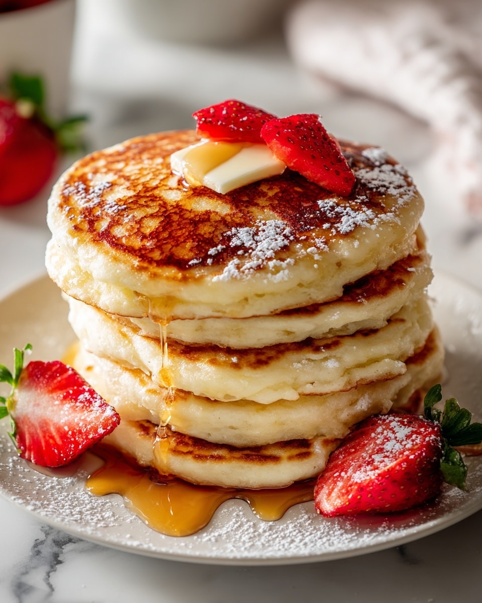 A stack of four thick, golden-brown pancakes sits in the middle of a white plate on a white marbled surface. The pancakes have a soft and fluffy texture with slight browned edges. On the top pancake, there is a square of melting butter topped with two glossy, red strawberry slices. Light amber syrup is dripping down the sides of the pancakes, pooling at the base. Around the base, powdered sugar is lightly dusted on the plate, with two whole strawberries nearby, one sliced in half showing its juicy red inside and green leaves. The background is softly blurred, focusing the view on the pancakes. photo taken with an iphone --ar 4:5 --v 7