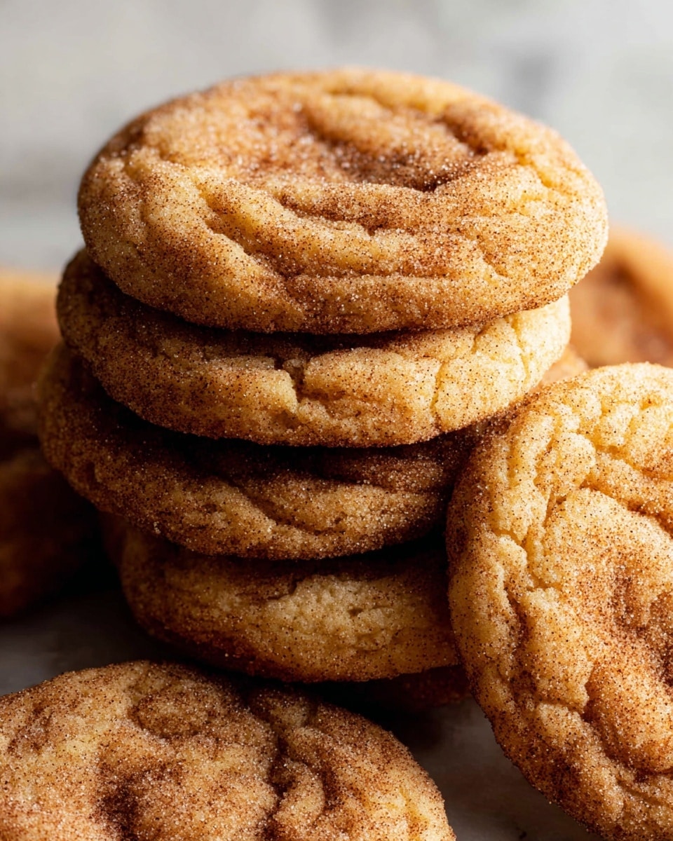A close-up view of several soft, round cookies stacked on top of each other, each cookie showing a slightly cracked surface with a brown and golden color mix. The texture looks chewy with a dusting of fine sugar and cinnamon powder giving the tops a grainy shine. The cookies are thick, with a crisp edge and a slightly darker center, resting directly on a white marbled textured surface that softly contrasts with the warm tones of the cookies. photo taken with an iphone --ar 4:5 --v 7