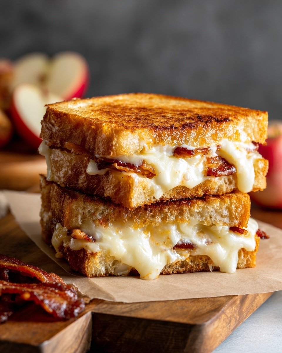 Two grilled cheese sandwiches stacked on a light brown paper on a wooden board, each sandwich made with golden brown toasted bread showing a crispy texture and bubbling melted white and yellow cheese inside. Pieces of crispy, dark brown bacon are layered within the cheese, some peeking out from the sides. To the side, there are extra bacon strips, and in the corner, there is a white marbled texture surface with some sliced red apple lightly visible. The lighting highlights the sandwich’s warm colors and textures. photo taken with an iphone --ar 4:5 --v 7