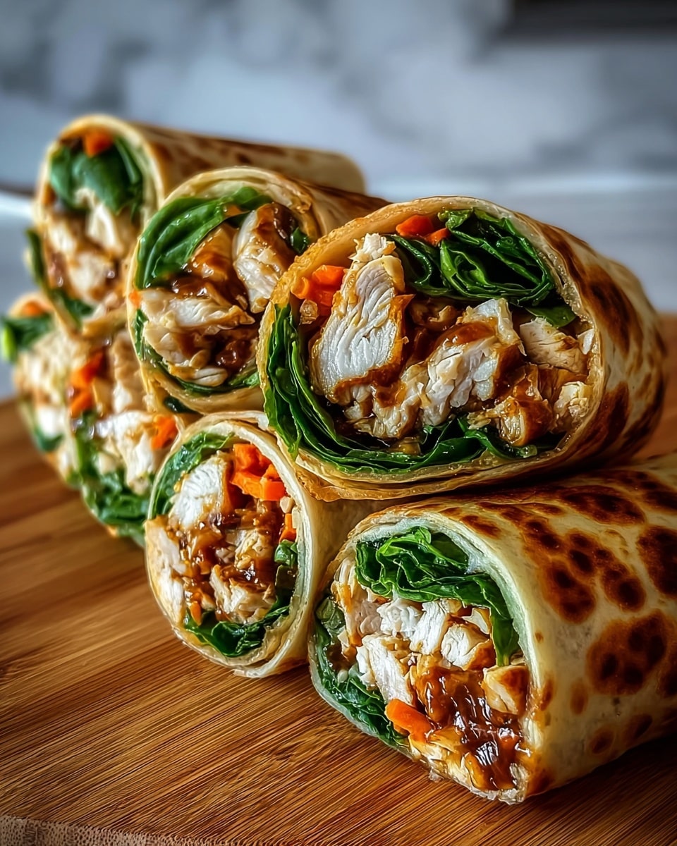 The image shows six wraps cut in half, arranged on a wooden board. Each wrap has a golden-brown toasted outer layer that looks soft with some darker spots. Inside, there are three visible layers: the top layer is dark green fresh spinach leaves, the middle layer contains pieces of cooked white chicken with a shiny, saucy coating, and the bottom layer has small pieces of orange carrot mixed with more green leaves. The wraps are tightly rolled, with a close-up view that highlights the textures of the chicken and greens. The background is softly blurred with a white marbled texture underneath the board. Photo taken with an iphone --ar 4:5 --v 7