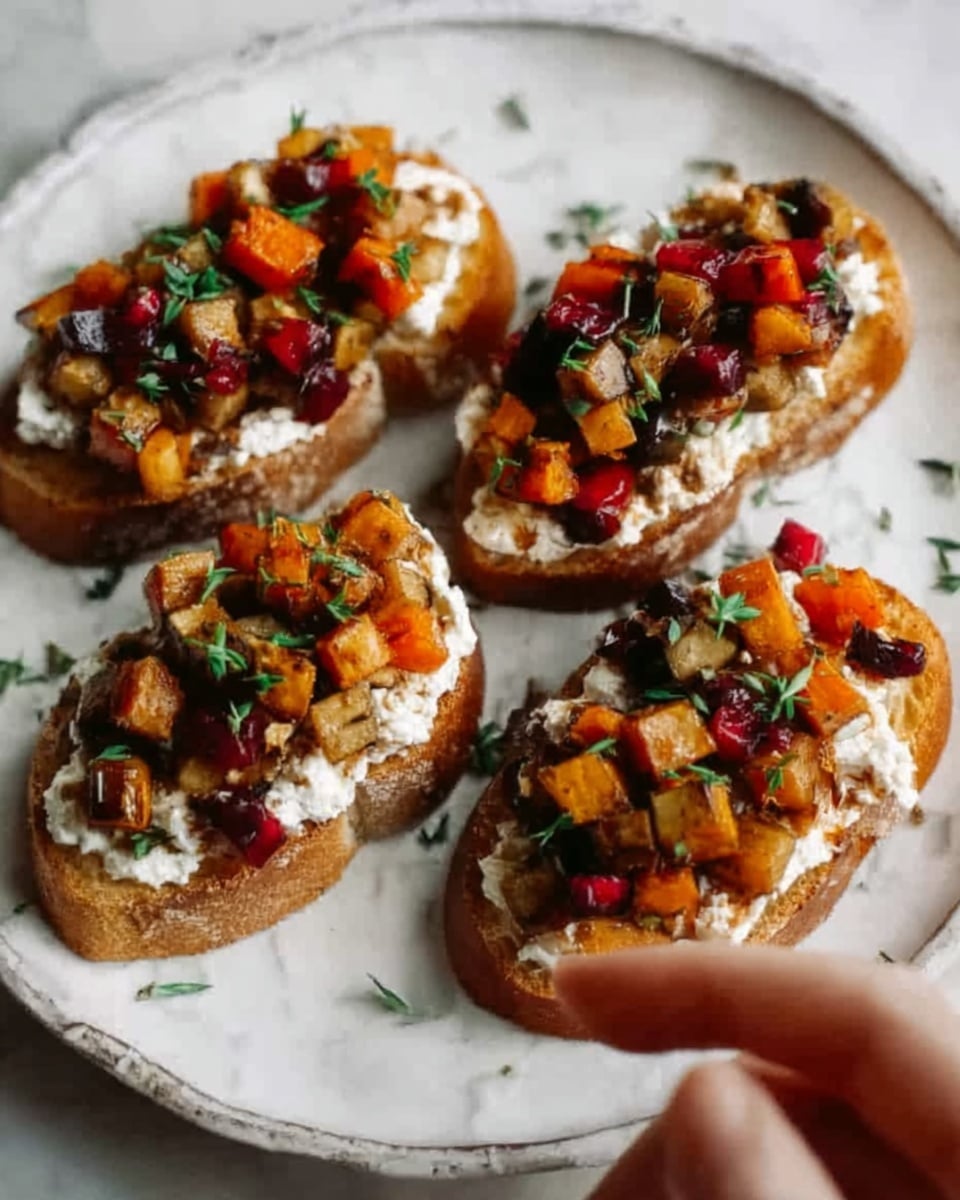 The image shows several slices of toasted bread topped with three layers of ingredients. The bottom layer is a thick spread of white, creamy cheese covering the bread evenly. On top of the cheese, there are generous chunks of golden roasted butternut squash and light brown roasted potatoes mixed together. Scattered across this layer are bright red, glossy pomegranate seeds for a pop of color and small green herb leaves sprinkled on top. The toast is placed on a white plate with dark brown balsamic glaze streaks artistically drizzled across the surface, adding contrast and shine. The background is a white marbled texture. photo taken with an iphone --ar 4:5 --v 7