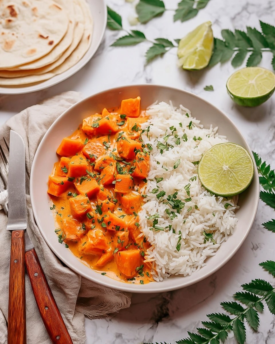 A white shallow bowl holds two main layers side by side: on the left, a pile of plain, fluffy white rice with a soft texture; on the right, a bright orange stew made of chunky sweet potato pieces covered in a creamy sauce topped with finely chopped green herbs. Two thin lime slices rest against the stew at the back right edge of the bowl. The bowl sits on a white marbled surface with scattered green leaves around it, and a fork and knife with wooden handles lie nearby on a beige cloth. In the upper left, folded white tortillas and lime wedges rest on a white plate. photo taken with an iphone --ar 4:5 --v 7