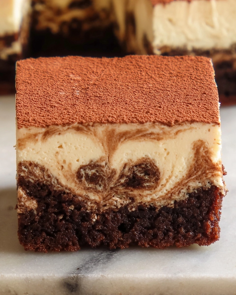This image shows a close-up view of a layered dessert square. The bottom layer is thick and dark brown with a dense, moist, and slightly crumbly texture. Above it is a thick creamy layer that is light beige with swirls of a darker brown mixed throughout, looking soft and smooth. The top layer is a thin dusting of fine cocoa powder, giving a slightly rough texture with a deep reddish-brown color. The dessert is cut neatly into a perfect square, placed on a white marbled surface. photo taken with an iphone --ar 4:5 --v 7