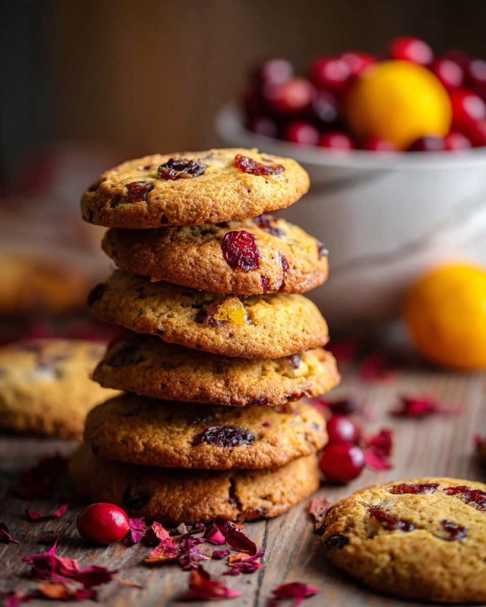 A close-up of a stack of six golden brown cookies filled with dark red dried cranberries, each cookie showing a rough texture with sprinklings of sugar on top. The cookies are round and slightly thick, stacked vertically on a dark wooden surface. Around the base and foreground, there are loose cranberries and dried cranberry pieces scattered. In the background, there is a blurred half orange and a bowl filled with fresh cranberries, all set against a dark, softly lit backdrop. photo taken with an iphone --ar 4:5 --v 7