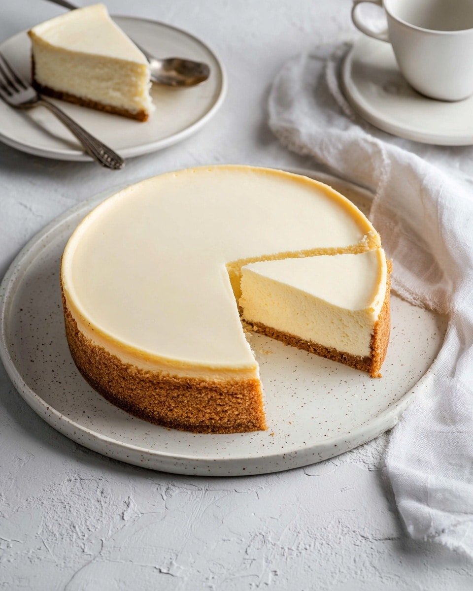 A round cheesecake with a thick light golden brown crumb crust forms the bottom and edges, topped by a smooth, creamy white cheesecake layer with a uniform texture. One slice is cut out, revealing a clean, even cross-section of the crust and the dense creamy layer inside. The cheesecake sits on a large white speckled plate on a white marbled textured surface, with a small slice on a matching small white plate in the background, accompanied by a silver fork. A white cup and saucer are also visible behind the cake, along with a silver spoon resting on a white cloth beside the plate. Photo taken with an iphone --ar 4:5 --v 7