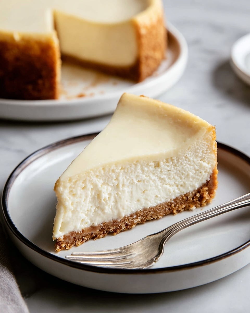 A single slice of creamy cheesecake sits on a white plate with a dark rim, showing three distinct layers: a light brown crumbly crust at the bottom, a thick white creamy cheese filling in the middle, and a smooth, slightly shiny pale yellow top layer. The crust has a rough texture, the middle filling looks dense yet soft, and the top layer is glossy and smooth. A silver fork lies to the right of the cheesecake on the plate. In the background, there is a white plate holding the remaining cheesecake with one slice missing. The whole setup rests on a white marbled surface. photo taken with an iphone --ar 4:5 --v 7