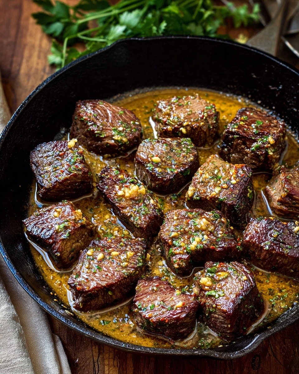 The image shows a black cast iron skillet filled with several browned beef cubes cooked in a golden garlic and herb butter sauce. The beef pieces are positioned closely together, each with a rich brown seared exterior, and the sauce has a glossy sheen with visible garlic bits and sprinkled chopped herbs. The skillet sits on a wooden surface, with fresh green parsley placed nearby as garnish. Photo taken with an iphone --ar 4:5 --v 7