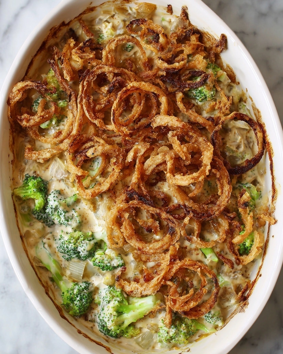 A white oval dish filled with a creamy broccoli casserole shows several layers: at the bottom, a thick creamy sauce mixed with chunks of broccoli with bright green florets and pale stems; on top, a generous layer of crispy, golden-brown fried onion rings with dark edges and crunchy texture spread unevenly over the casserole. The creamy sauce clings to both the broccoli and the onions, giving a rich and textured look with small bits of seasoning visible. The dish is placed on a white marbled surface. photo taken with an iphone --ar 4:5 --v 7