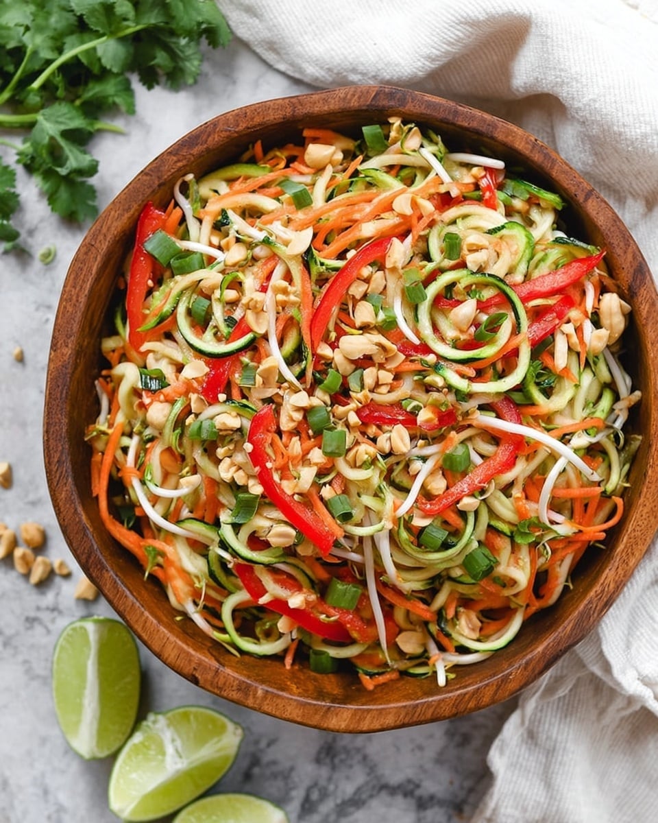 A wooden bowl filled with a colorful salad made of spiralized green and white zucchini noodles, thin red bell pepper strips, shredded orange carrots, and white bean sprouts. The salad is topped with chopped green onions and crushed light brown peanuts. Garnished with fresh cilantro leaves on the side and two lime wedges beside the bowl on a white cloth. The background is a white marbled texture. photo taken with an iphone --ar 4:5 --v 7