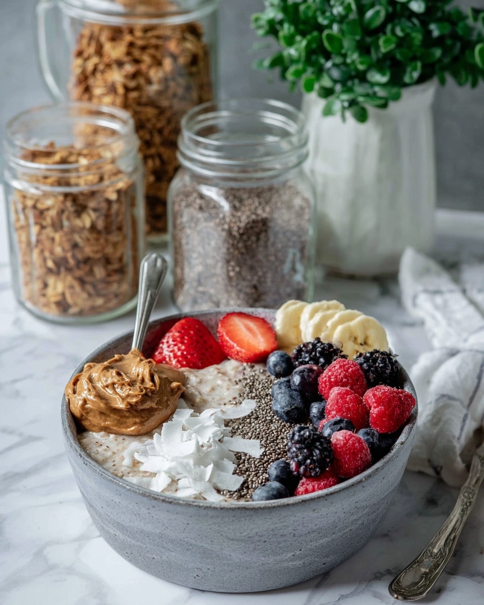 A grey bowl contains a layered breakfast dish placed on a white marbled texture. The bottom layer is a light beige, grainy mixture that fills half the bowl. On top, on the left side, there is a smooth, brown spread, likely nut butter, next to some white coconut flakes in the front. Along the right side, there is a colorful assortment of fresh berries including red strawberries, blackberries, raspberries, and blueberries, arranged in a small heap. Two slices of banana with tiny chia seeds sit behind the berries. A silver spoon is partially inside the bowl on the left side. In the background, there are two glass jars filled with granola and brown flax seeds, and a white mason jar with green leaves inside. photo taken with an iphone --ar 4:5 --v 7