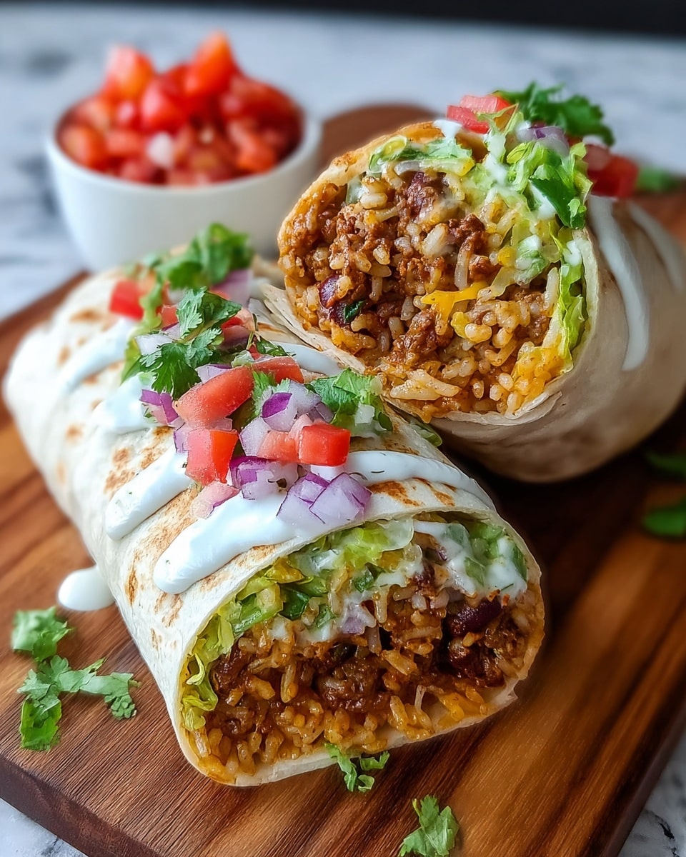 Two burritos cut in half lie on a wooden board with a white marbled texture surface in the background. Each burrito has a white, lightly toasted tortilla wrap holding layers inside: a bottom layer of green lettuce, a middle layer of cooked brown and yellow rice with bits of cooked meat, a topping of chopped red tomatoes and purple onions, and a drizzle of white sauce with fresh green cilantro leaves scattered on top and inside. In the background, a small white bowl holds additional diced tomatoes. Photo taken with an iphone --ar 4:5 --v 7