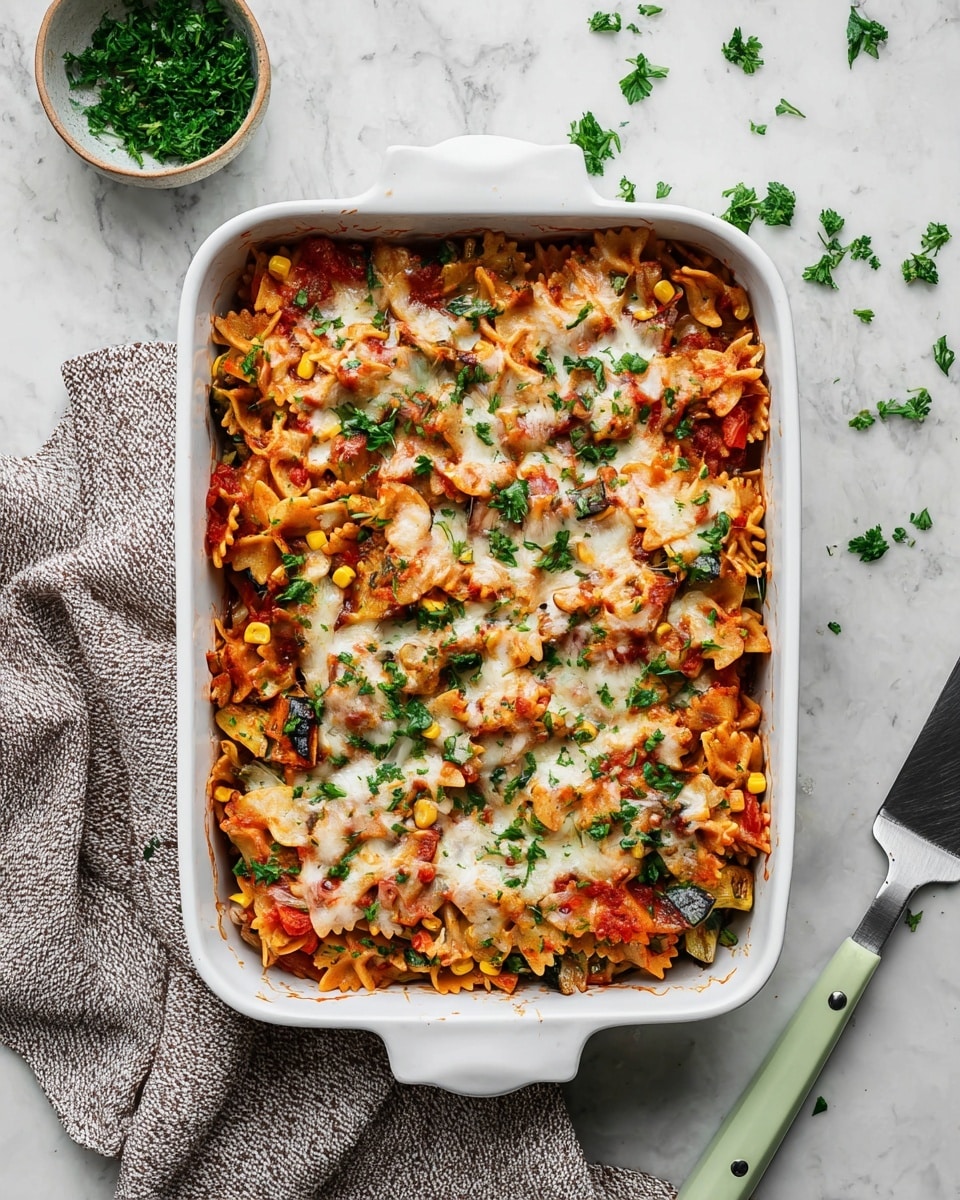 A white rectangular baking dish filled with a baked pasta casserole showing layers of bowtie pasta coated in a rich red tomato sauce mixed with small green leafy herbs, yellow corn, and chunks of grilled vegetables. The top layer is melted light golden cheese with melted spots and scattered fresh bright green chopped parsley. The dish rests on a white marbled surface with some loose chopped parsley around it, next to a small bowl of parsley and a metal spatula with a light green handle. A textured grey cloth is partially visible under the baking dish. Photo taken with an iphone --ar 4:5 --v 7
