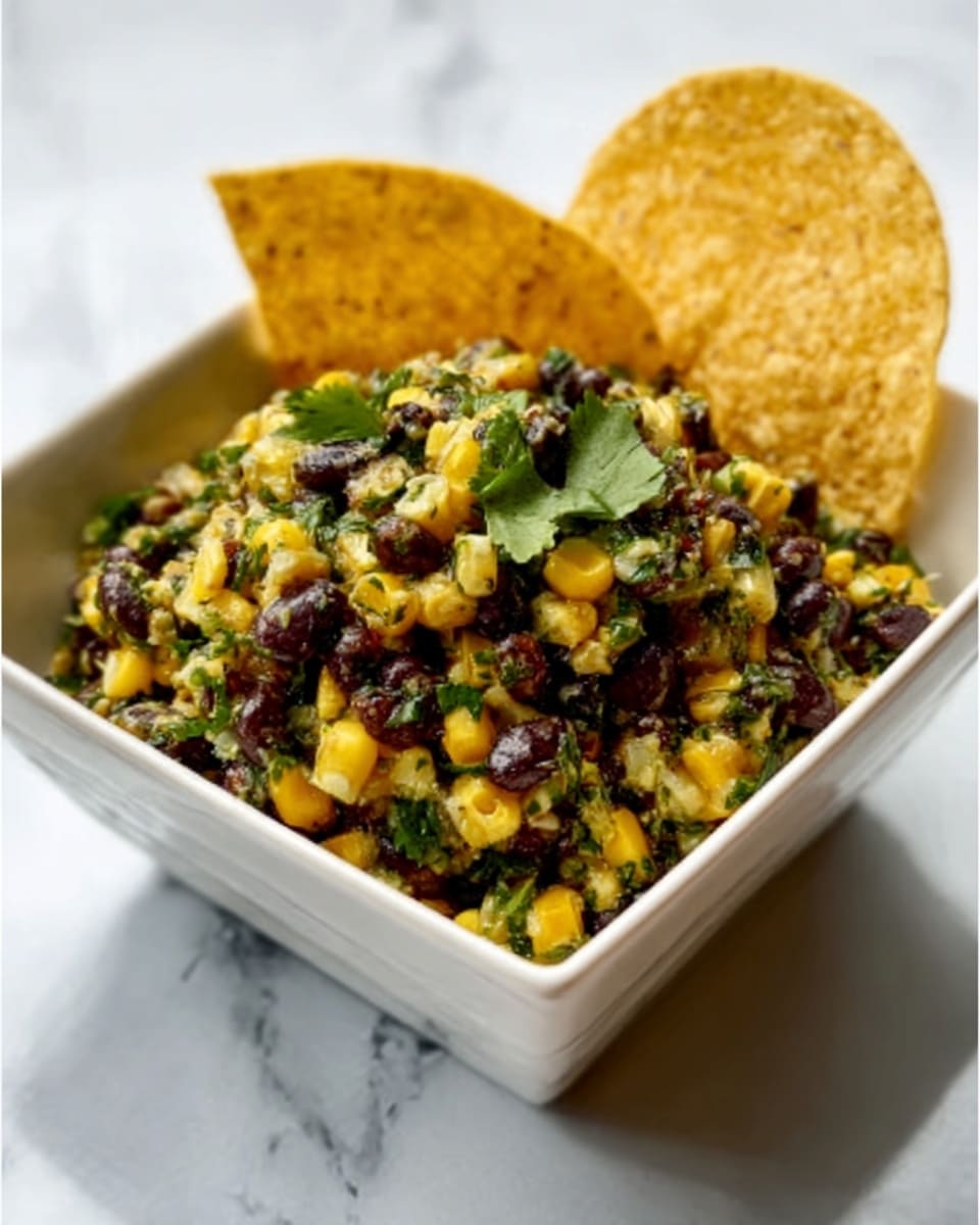 A white square bowl filled with a colorful mix of black beans, yellow corn, and chopped green herbs, with a slightly chunky and fresh texture. On one corner of the bowl, two large, round, pale yellow corn chips lean against the side. The bowl sits on a white marbled surface, highlighting the vibrant colors of the beans and corn. The dish looks fresh and layered with black beans mostly on the top, mixed throughout with bright yellow corn and green cilantro leaves scattered evenly. Photo taken with an iphone --ar 4:5 --v 7