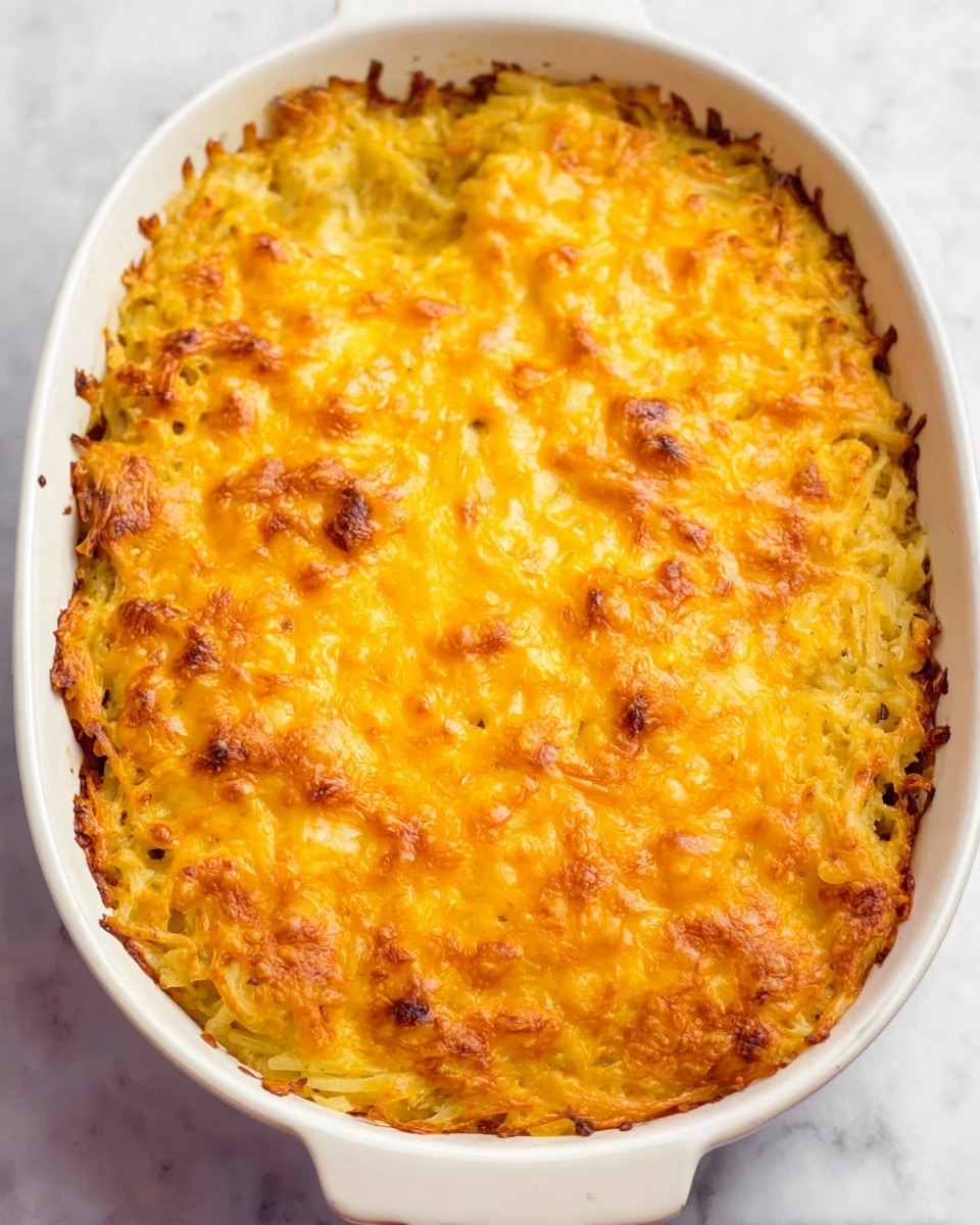 A white baking dish filled with a golden brown casserole that has a crispy, melted cheese top layer in shades of bright orange and yellow. Underneath, slightly visible textured potato strands peek through the cheesy crust, giving the dish a soft, layered look. The edges show some bubbling and crisping, adding a rough texture around the sides. The dish sits on a white marbled surface. photo taken with an iphone --ar 4:5 --v 7