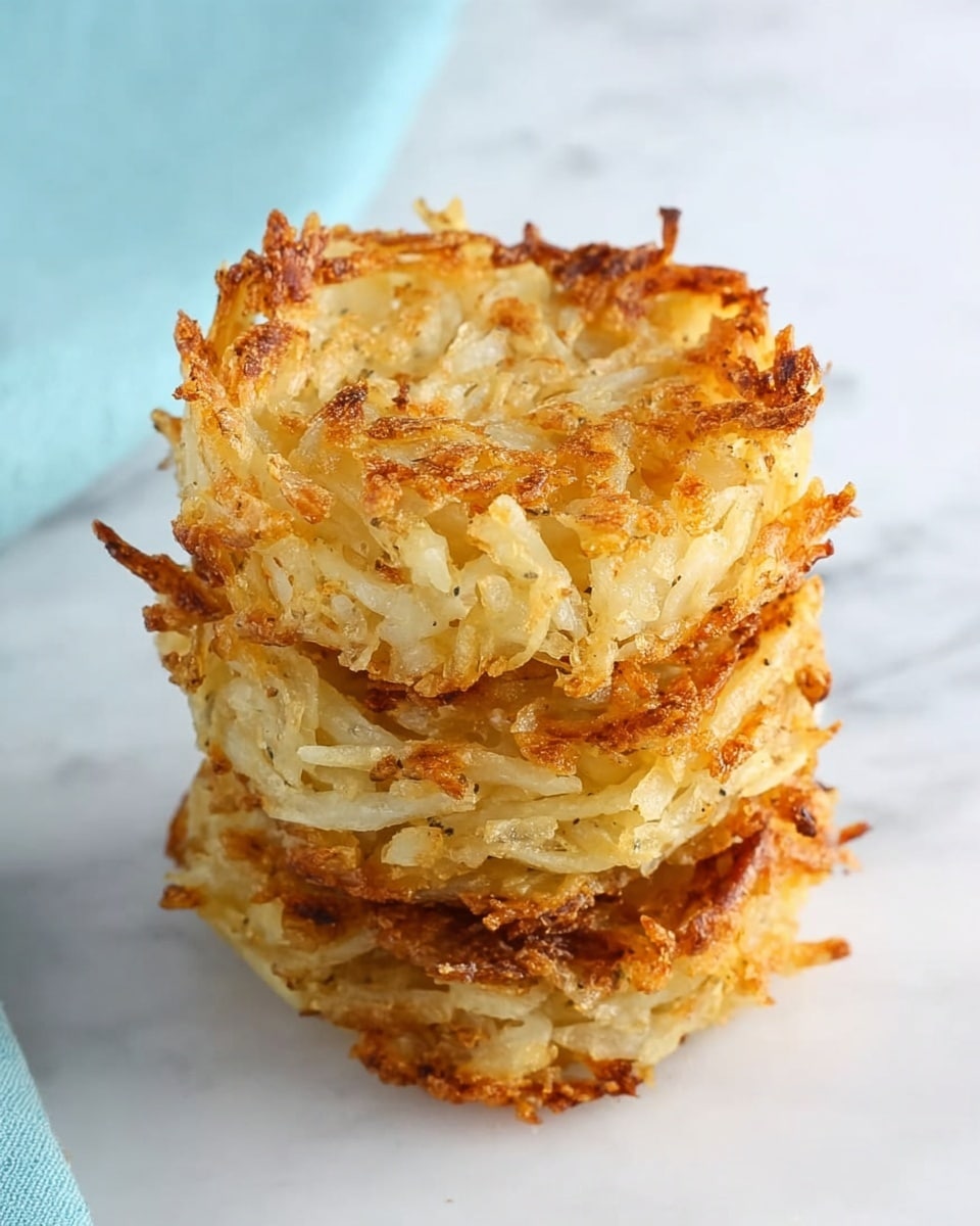 The image shows a stack of three golden-brown, crispy hash brown patties placed vertically. Each patty has a rough, lattice-like texture with thin shredded potato strands visible, fried to a crunchy, light golden crisp on the outside while soft and pale on the inside. The edges are uneven and slightly curled from frying. The stack contrasts against a white marbled surface in the background and is positioned near a light blue cloth on the left side. Photo taken with an iphone --ar 4:5 --v 7