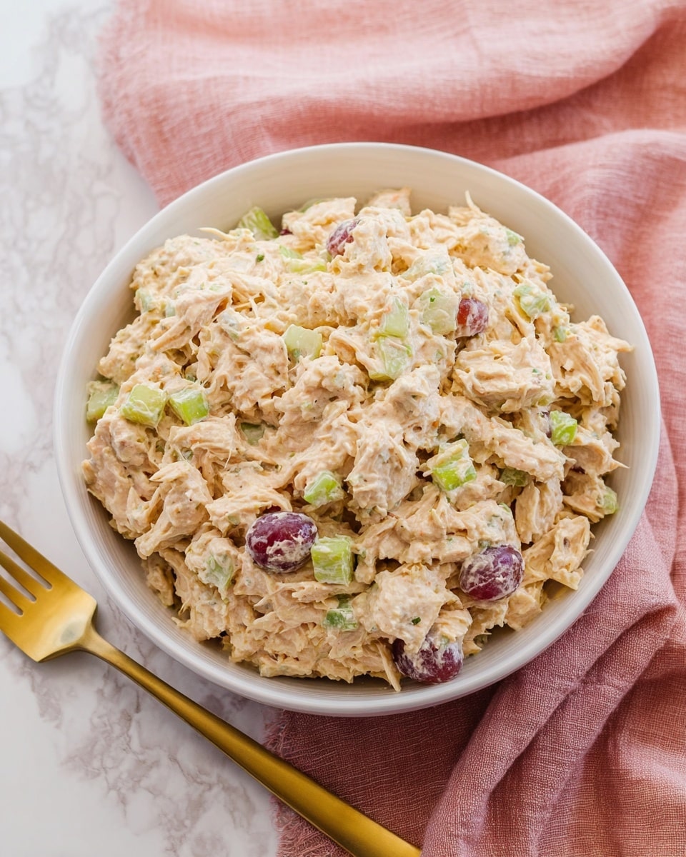 A white bowl is filled with a creamy mixture of shredded chicken salad that has a light beige color with bits of green celery and small purple grape pieces visible throughout. The texture looks soft and slightly chunky with a mix of smooth dressing coating the chicken. The bowl sits on a white marbled surface with a soft pink cloth draped partially underneath it, and a golden fork placed beside the bowl. The scene is bright and clean, focusing on the salad's fresh and textured layers. photo taken with an iphone --ar 4:5 --v 7