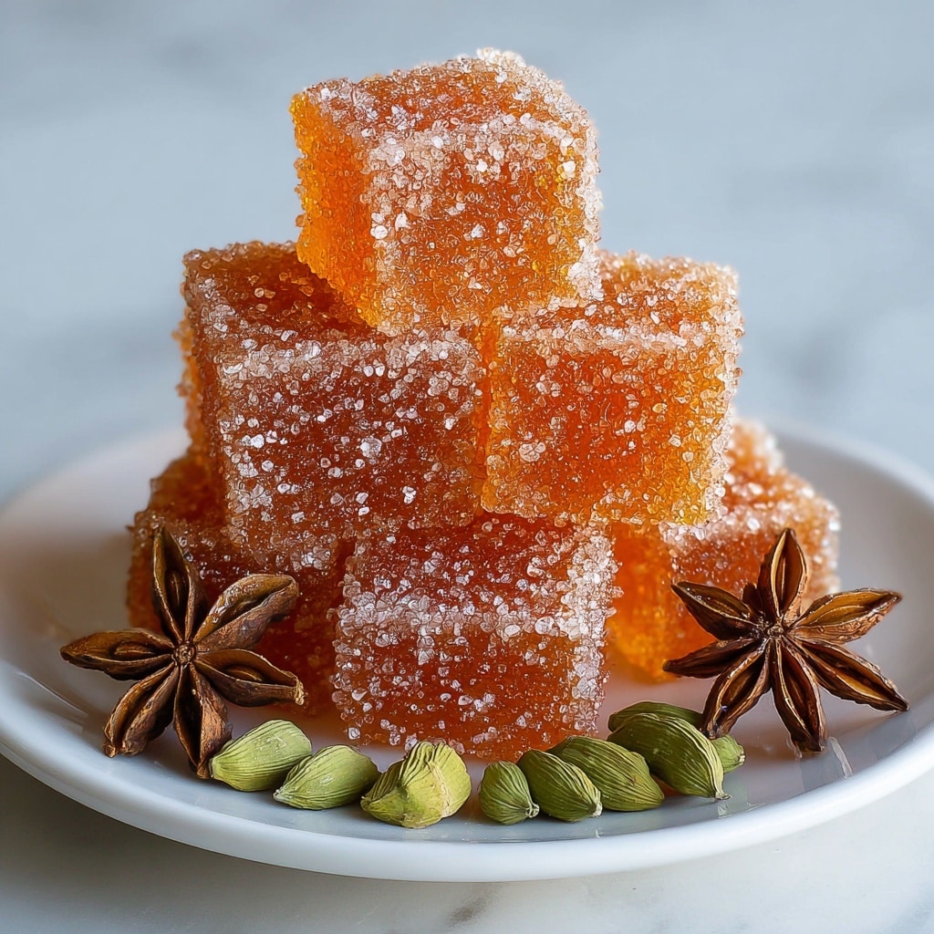 A white plate stacked with about three layers of small, translucent pumpkin spice fruit jellies glowing with warm orange-brown color, each cube generously coated with sparkling sugar crystals creating a rough texture. Around the base of the pile are star anise and green cardamom pods arranged decoratively on the white plate, all set on a white marbled surface. The jellies look soft and chewy, their sugar coating catching the light and making them look very inviting. Photo taken with an iphone --ar 4:5 --v 7