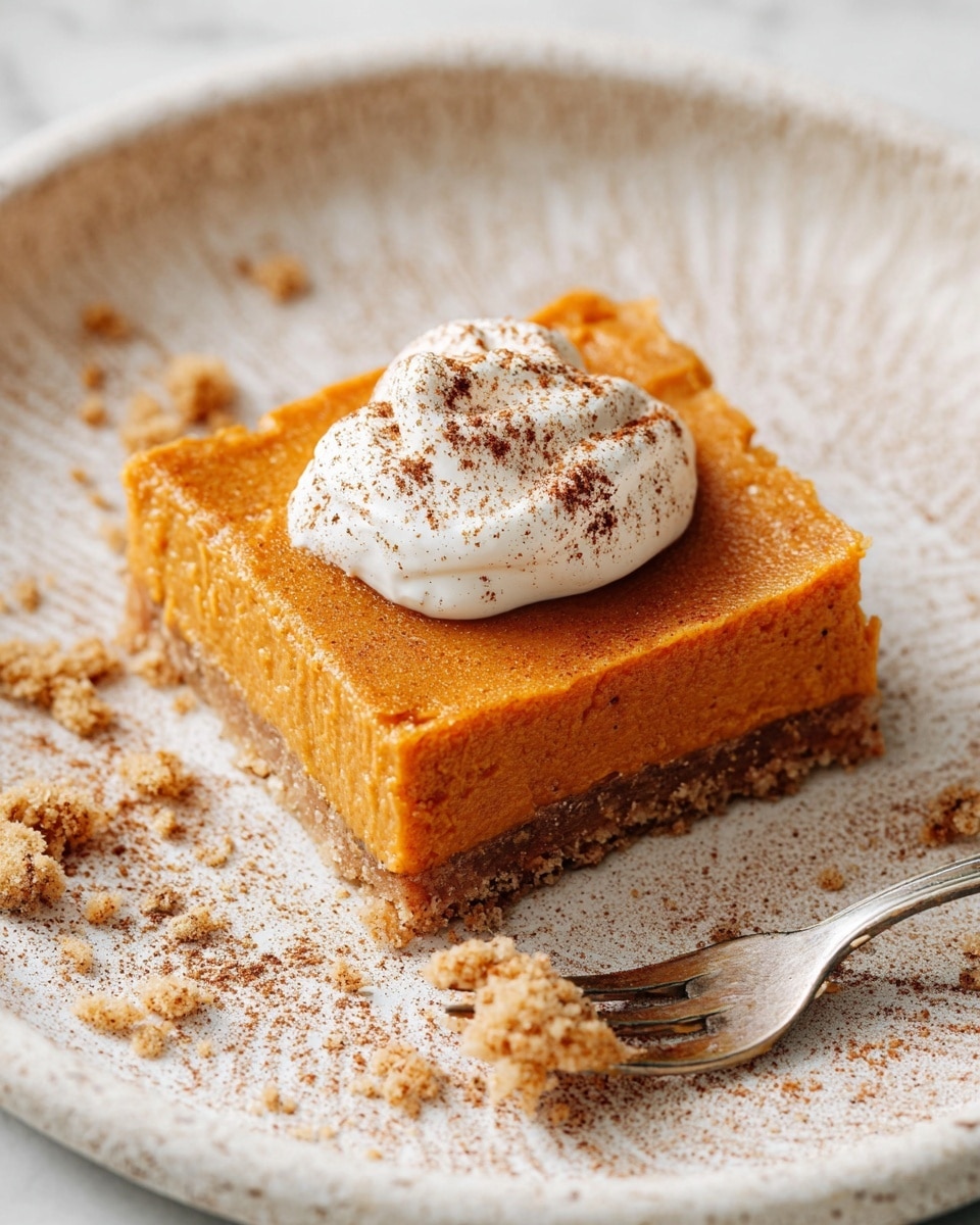 A close-up of a single square slice of pumpkin pie resting on a white plate with a crumbly texture. The pie has two layers: a thick, smooth orange pumpkin filling on top and a crumbly, light brown crust at the bottom. On top of the pumpkin filling is a dollop of white whipped cream sprinkled with a shade of brown cinnamon powder. Crumbs are scattered around the pie slice on the plate, and a silver fork with some crumbs on it lies near the lower edge of the plate. The plate is on a white marbled surface. photo taken with an iphone --ar 4:5 --v 7