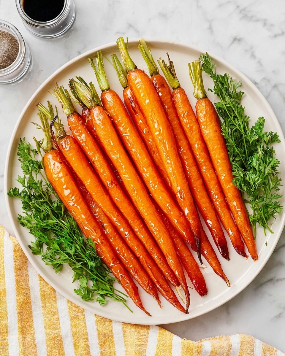 A white plate holds a neat row of ten roasted whole carrots with green tops, each carrot glazed and shiny with a warm orange color, showing a slight char at the ends. Two bunches of fresh green herbs frame the carrots on each side, adding a touch of contrast. The plate sits on a white marbled texture. In the corner, a yellow and white striped cloth is slightly visible, and in the top left, there are two black and clear containers. Photo taken with an iphone --ar 4:5 --v 7