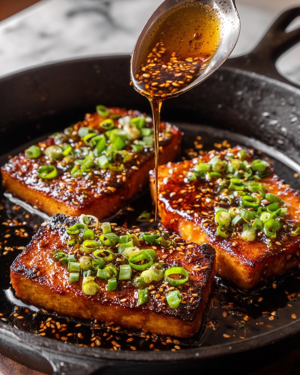 Three thick, golden-brown tofu steaks with a caramelized, crispy crust sit closely arranged in a black cast iron pan. Each tofu piece is topped with bright green chopped scallions that add a fresh pop of color. A rich, glossy dark sauce with visible garlic and mustard seeds drizzles down from a spoon held just above the center tofu, pooling slightly around the tofu at the bottom of the pan. The tofu’s texture shows a mix of firm and slightly charred edges, glistening with the sauce. The scene is set on a white marbled surface. photo taken with an iphone --ar 4:5 --v 7