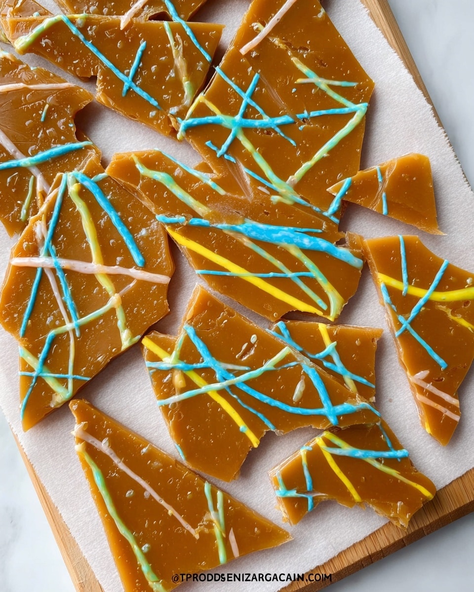 The image shows several pieces of brown brittle candy broken into irregular shapes arranged flat over a white marbled surface covered with parchment paper. Each candy piece is thin and smooth with a shiny texture. The brittle is decorated by colorful blue, yellow, and light green icing drizzled in thin, wavy lines across the surface of the candy pieces, creating a playful contrast with the golden brown candy. The pieces are scattered casually but closely together. Photo taken with an iphone --ar 4:5 --v 7