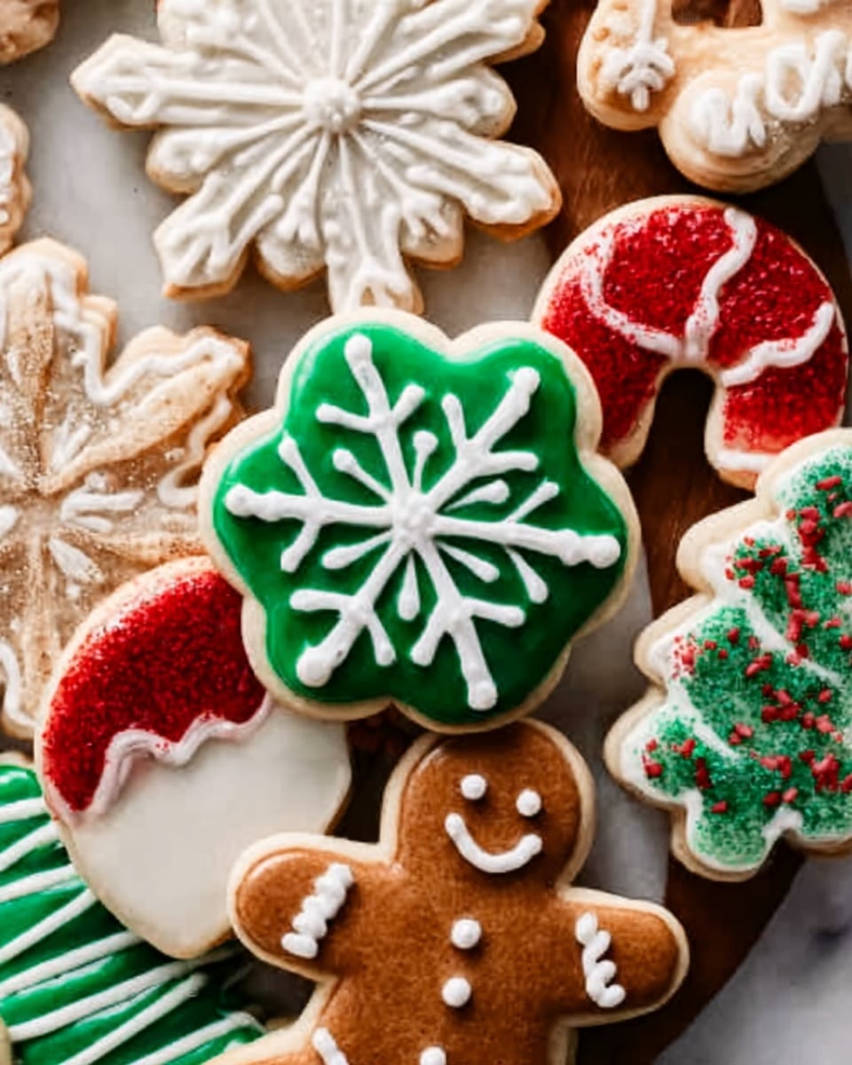 A close-up of several decorated sugar cookies stacked on a white marbled surface, with the main focus on a cookie shaped like a stocking. The stocking cookie has three layers: a cream-colored cookie base, a thick white icing layer with coarse sugar crystals on top for a frosty texture, and a smooth bright red icing covering the rest of the stocking. The stocking cookie has a bite taken out of the white icing edge, revealing the soft, crumbly interior. Surrounding it are other cookies decorated with green, white, and brown icing and small sugar pearls, creating a festive Christmas theme. Photo taken with an iphone --ar 4:5 --v 7