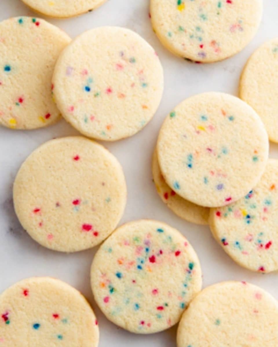 The image shows several round cookies scattered on a white marbled surface. The cookies are simple and flat with two different styles: some are plain light yellow with a smooth texture, and others have colorful sprinkles mixed into the dough, adding spots of red, blue, green, and yellow. The cookies are thin and evenly baked, with no visible icing or decoration. The bright colors of the sprinkles contrast softly against the pale yellow dough. photo taken with an iphone --ar 4:5 --v 7
