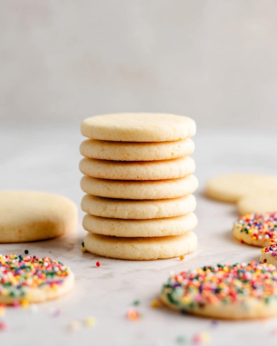 A stack of eight round, light tan cookies with smooth surfaces sits in the center on a white marbled surface, with a few loose plain cookies spread around it. Behind the stack to the right, there is a small pile of round cookies with colorful sprinkles scattered evenly across their beige surface. The background is a soft, slightly blurred white wall. photo taken with an iphone --ar 4:5 --v 7