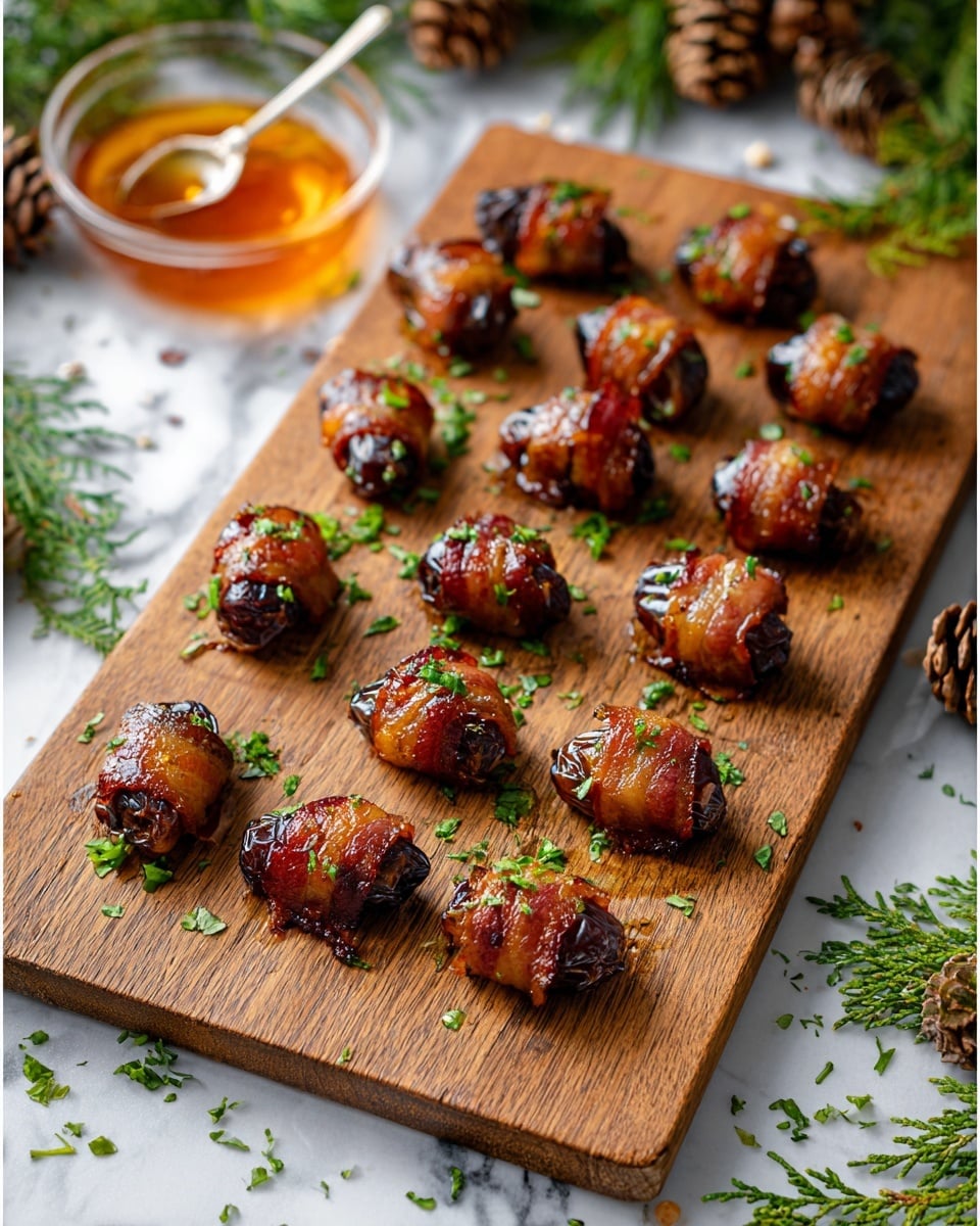 A wooden board holds fifteen small bacon-wrapped dates arranged in neat rows. Each date is dark brown and glossy, tightly wrapped with golden-brown crispy bacon, slightly shiny from cooking. Fresh green chopped herbs are sprinkled over the dates and around the board. In the background, there is a small clear glass bowl with amber-colored honey and a spoon inside. The scene is set on a white marbled surface with scattered green herbs and pine cones near the edges. photo taken with an iphone --ar 4:5 --v 7