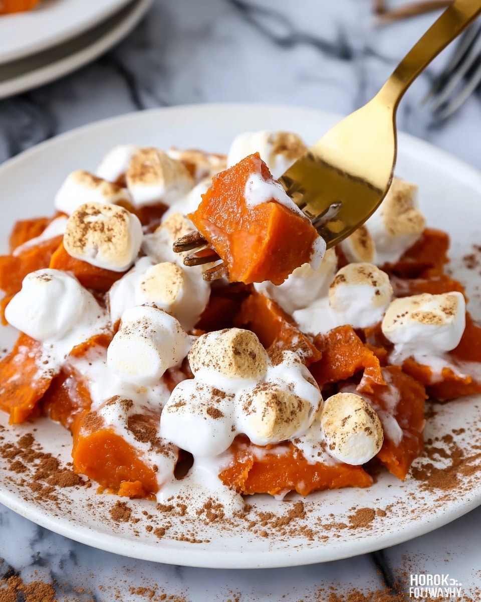 A white plate filled with soft, bright orange chunks of cooked sweet potato as the base layer, topped with a generous layer of toasted golden-brown marshmallows lightly browned on top, and drizzled with a white whipped cream sauce spread unevenly over the marshmallows. A gold fork is lifting a piece of the sweet potato from the center of the plate. There is a sprinkle of cinnamon powder around the edge of the plate, all placed on a white marbled surface. Photo taken with an iphone --ar 4:5 --v 7