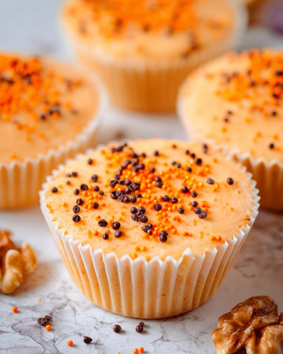 The image shows several light orange-colored cupcakes with a smooth texture, each placed in white paper liners with zigzag edges. The cupcakes are topped with small sprinkles in bright orange and dark brown colors scattered unevenly on the surface. The cupcakes rest on a white marbled surface with a few whole walnut pieces nearby, adding a natural brown and rough texture contrast. The focus is on one cupcake in the center, with others slightly blurred in the background, creating depth. photo taken with an iphone --ar 4:5 --v 7
