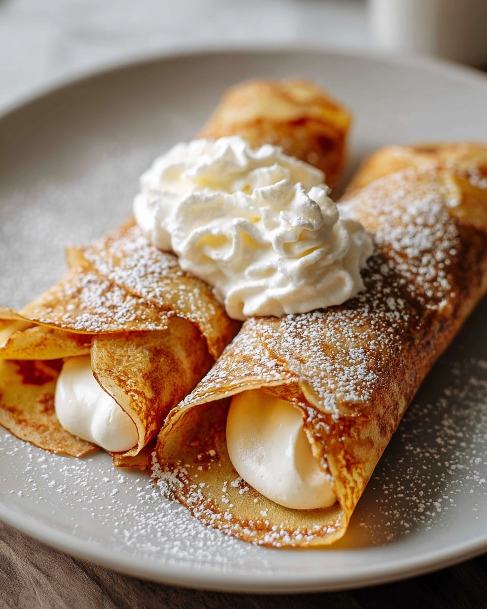 The image shows two golden-brown crepes folded into rolled shapes, each filled with a smooth, white creamy filling visible slightly at the edges. One crepe has a dollop of whipped cream on top, and both are lightly dusted with powdered sugar, giving a soft, snowy look. The crepes rest closely side by side on a white plate with a subtle shine, placed on a white marbled surface. The texture of the crepes looks slightly crisp on the outside with some specks of darker brown from cooking, while the cream appears soft and thick. Photo taken with an iphone --ar 4:5 --v 7