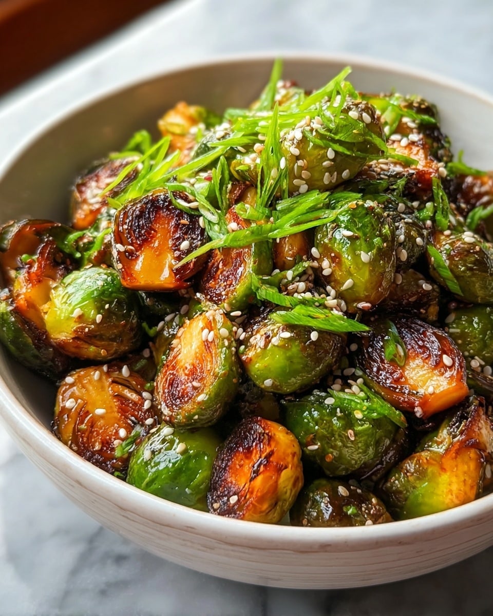 A white bowl filled with cooked Brussels sprouts, some whole and some cut in half showing a caramelized golden-brown texture on the flat sides. The bright green color of the Brussels sprouts contrasts with the deep brown and crispy edges. The dish is topped with chopped green onions and sprinkled with white sesame seeds. The bowl sits on a white marbled surface, with natural light highlighting the glossy and slightly oily texture of the vegetables. photo taken with an iphone --ar 4:5 --v 7