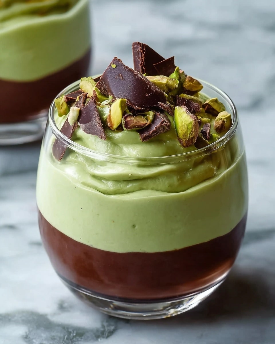 The image shows a dessert in a clear glass with two layers and a topping. The bottom layer is dark brown and smooth, filling about half of the glass. The top layer is thick and light green with a creamy texture, piled high above the brown layer. On top of the green layer, there are pieces of dark chocolate and green pistachio nuts scattered. The glass sits on a white marbled surface. Photo taken with an iphone --ar 4:5 --v 7