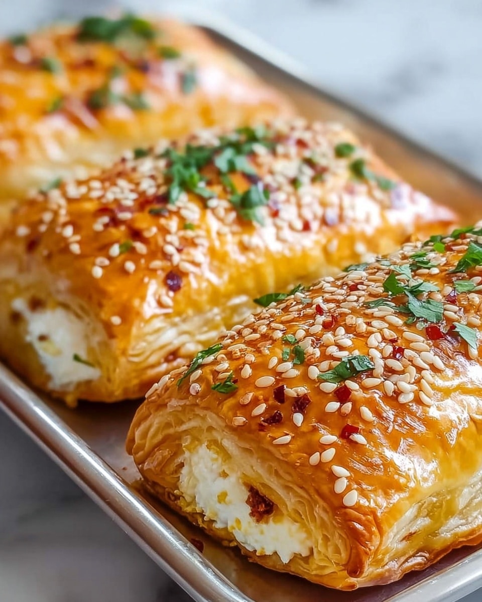 A close-up view of three golden-brown, baked pastries arranged in a row on a shiny white tray against a white marbled surface. Each pastry has two visible layers of flaky crust with a shiny, slightly glossy top layer sprinkled generously with white sesame seeds, red chili flakes, and chopped green herbs. The creamy white cheese filling is visible at the open end of the nearest pastry, showing a smooth and soft texture. The pastries look warm and crisp with a light, crunchy surface. photo taken with an iphone --ar 4:5 --v 7
