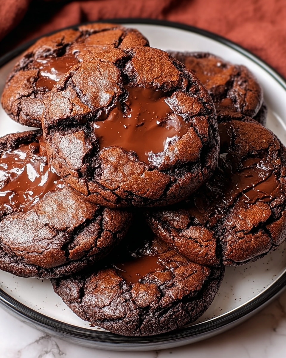 A close-up of six thick, dark brown chocolate cookies with a cracked, slightly crusty top, each revealing glossy, melted chocolate pools in the center. The cookies are stacked closely together on a round white plate with a black rim, placed on a white marbled surface. The overall look is rich and gooey with a rough texture from the cracked tops, making the melted chocolate spots stand out strongly. Photo taken with an iphone --ar 4:5 --v 7