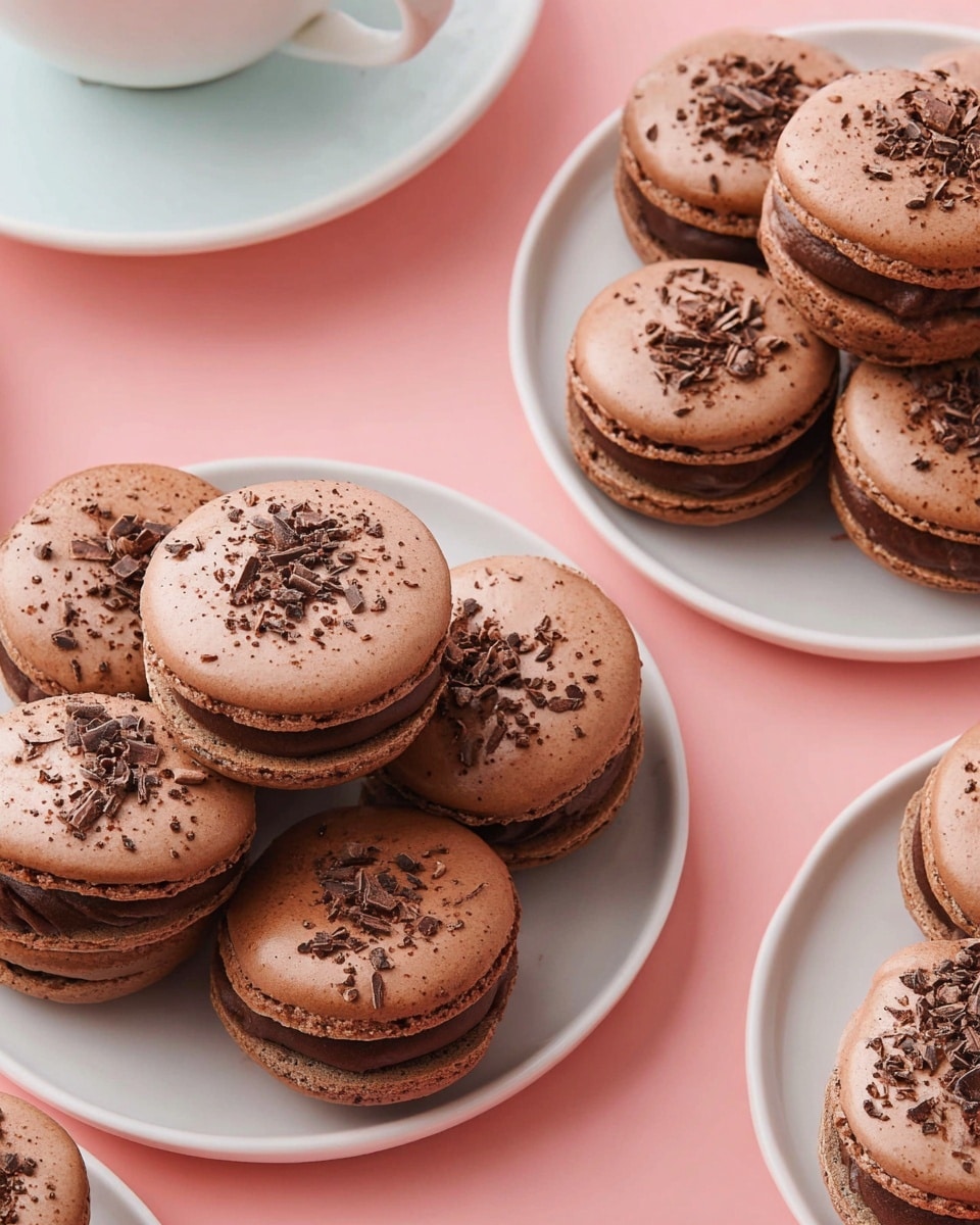 Several white plates filled with stacked chocolate macarons sit on a pink background. Each macaron has two smooth, round brown shells with a darker chocolate filling in the middle, making two visible layers. The top of each macaron shell is sprinkled with small chunks of chocolate, adding a rough texture on the smooth surface. The plates are arranged so that one white cup is also partially visible, placed near the top left corner. The soft lighting highlights the rich brown color and detail of the macarons against the clean, pastel pink background. Photo taken with an iphone --ar 4:5 --v 7