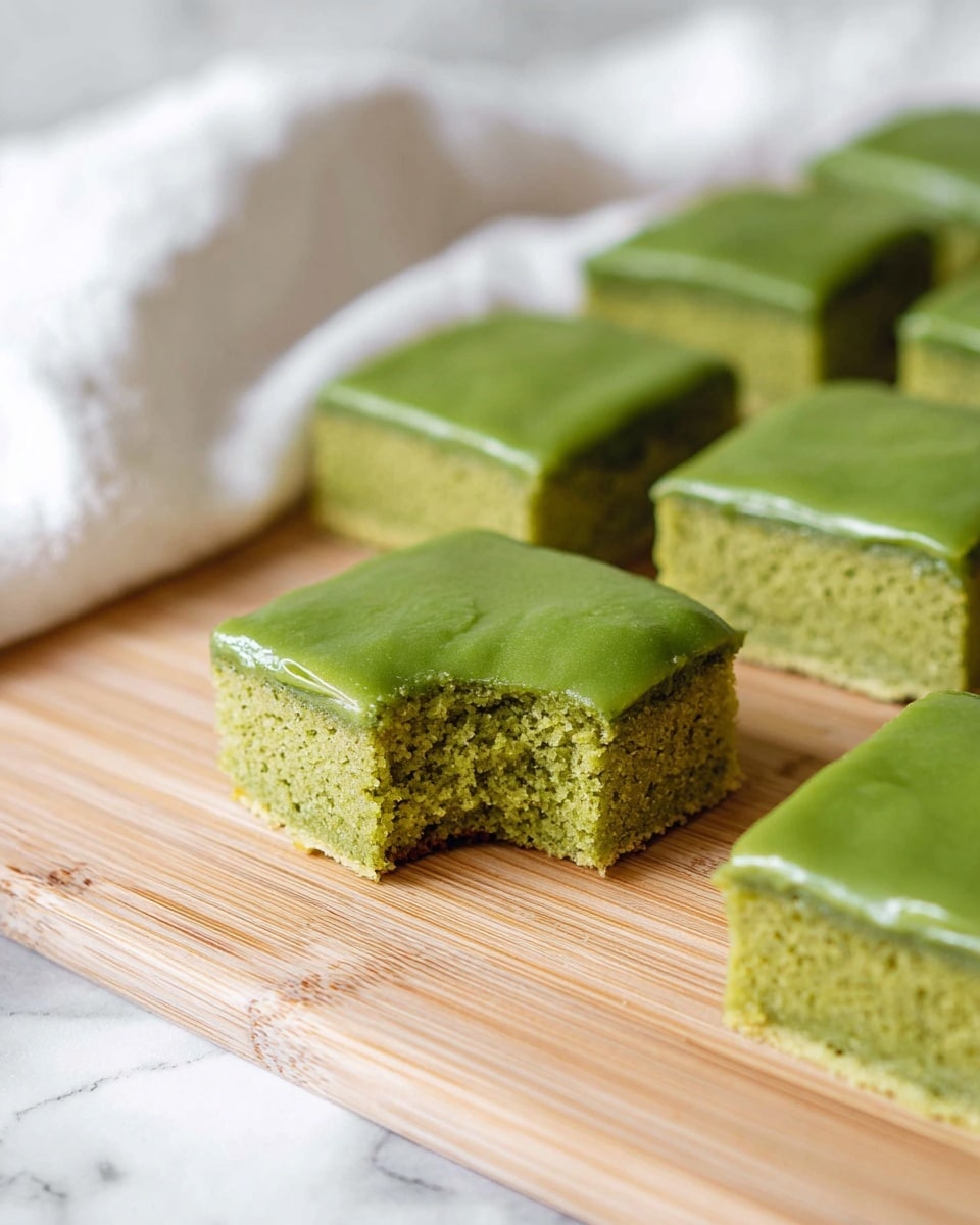 The image shows several square-shaped green cakes arranged on a light wooden surface with a white marbled texture in the background. Each cake has two visible layers: the bottom layer is a dense, slightly crumbly green sponge, while the top layer is a smooth, glossy green frosting that covers the entire surface. One cake in the front row has a bite taken out of it, revealing the moist texture of the sponge layer beneath the frosting. A white cloth is softly draped in the upper part of the image, adding a cozy touch. photo taken with an iphone --ar 4:5 --v 7