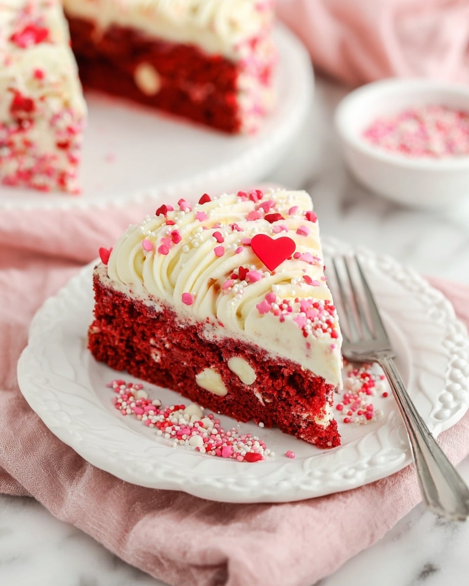 A red velvet cake with one slice cut out on a white plate, showing a rich red color filled with white chocolate chips inside. The cake is topped with a thick layer of white cream frosting, piped in swirls along the edge, decorated with colorful sprinkles. The white marbled surface adds a clean, bright background. Photo taken with an iphone --ar 4:5 --v 7